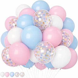 HILAVO Pink and Blue Balloons 12 Inch Pastel Light Baby Blue Pink White Party Balloon with Confetti Latex Balloons for Gender Reveal Boy or Girl Princess Birthday Bridal Baby Shower Party Decorations