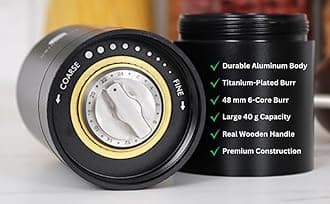 Premium Manual Coffee Grinder with Stainless Steel and Titanium Burr grinder for coffee beans, espresso, french press and moka pots ; Large 40g capacity