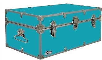 C&N Footlockers - Full-Size Happy Camper Trunk - #1 Summer Camp Trunk - Made in the USA - Steel Footlocker with Lid Stay - 32 x 18 x 13.5 Inches (Teal)