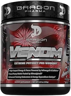 DRAGON PHARMA Venom Extreme Potency Pre-Workout, Laser Sharp Focus + Energy, Intense Performance, Proven Ingredients for Enhanced Vasodilation & Endurance (40 Servings, American Juice)