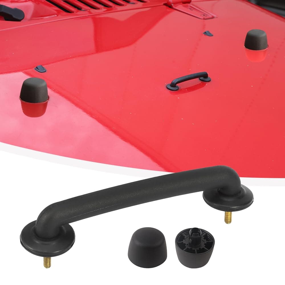 Front Hood Windshield Hold Down Bracket Loop Handle with Hood Bump Stop Rubber Bumper Cushion for Jeep Wrangler JK 2007-2018