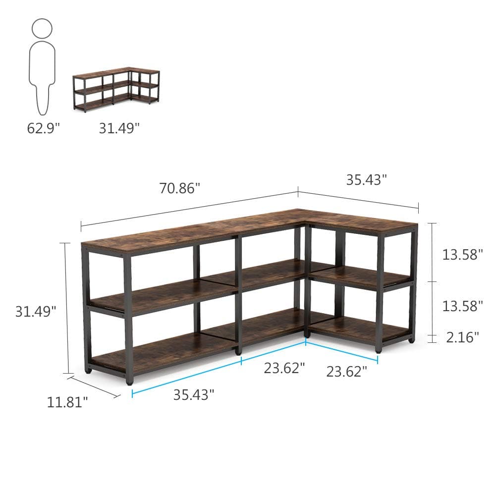 Tribesigns 70.9 inches Extra Long Console Sofa Table Behind Couch, 3-Tier Industrial Entryway Table Hallway Table Narrow Bar Table with Storage Shelves, L Shaped Open Bookshelf (Rustic Brown)