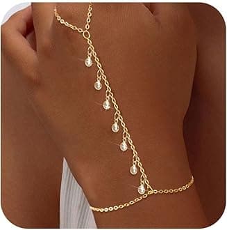 AGWOLFBracelets for Women,14K Gold/Silver Plated Dainty Hand Chain Bracelets Trendy Ring Chain Bracelet Charm Gold Cuff Bangle Stackable Bracelets Fashion Body Jewelry Adjustable Waterproof Gifts for Her
