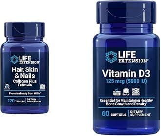 Hair, Skin & Nails Collagen Plus Formula with Vitamin D3 5000 IU - Promotes Collagen, Keratin, Bone, Brain, Immune & Nail Health - 120 Count & 60 Softgels