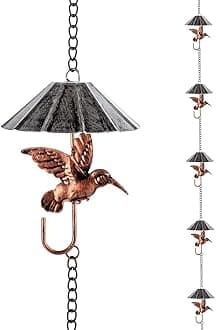 9.54 FT Rain Chain, Umbrella-Shaped Rain Chain for Outside with 10 Cups & Hummingbird Decor, Adjustable Rain Catcher Chain for Gutters, Eaves, Drainage, Replacement for Downpout