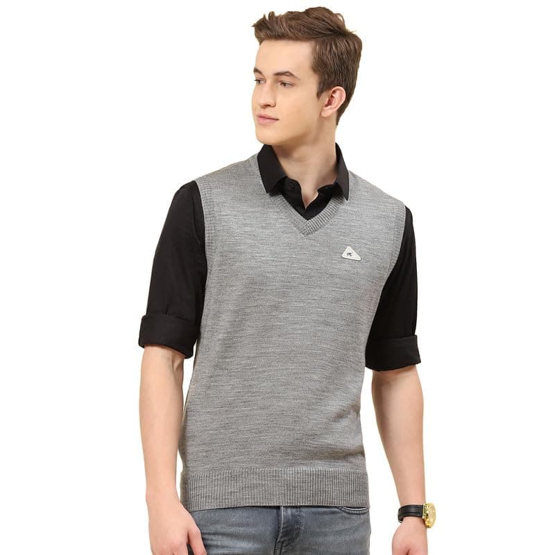 Monte Carlo M Grey Mixture Solid V Neck Sweater | Warm Woolen Pullover for Men | Soft Comfortable Knitted Winter Wear Sweater for Men's