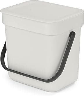Brabantia Sort & Go Kitchen Countertop Food Scraps Compost Bin | XS / 0.8 Gal / 3L | Light Gray | Removable Stay-Open Lid, Carry Handle, Easy-Clean Recycling Box | Wall Bracket Sold Separately