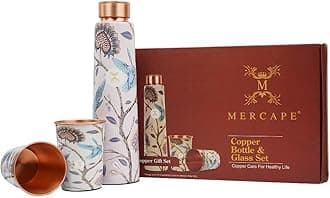 MERCAPE® Pure Copper Water Bottle 900 ml with Glass Set Best Tamba in Printed Design (900 ml 2x 300 ml)
