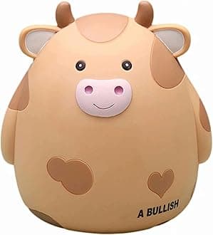 H&W Cow Piggy Bank, L Size, Unbreakable Coin Box for Kids, Cute Animal Money Bank Birthday for Boys Girls,Coin Saving Boxes (Yellow)