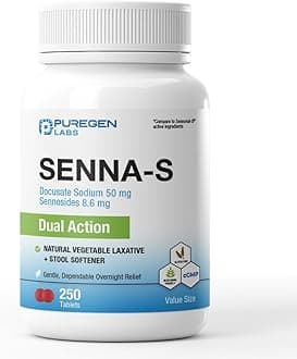 "Puregen Labs Senna-S Natural Vegetable Laxative Plus Dual Action Stool Softener - 250 Senna Plus Tablets | Gentle & Reliable Overnight Relief From Constipation