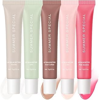 5Pcs Summer Lip Glossy Butter Balm Set, Instant Moisture Sheer Tint, Non-Sticky, Conditioning Formula to Soothe & Repair Dry, Chapped Lips, Jelly Lip Stain with Natural Scent (#1+2+3+4+5, 5Pcs)