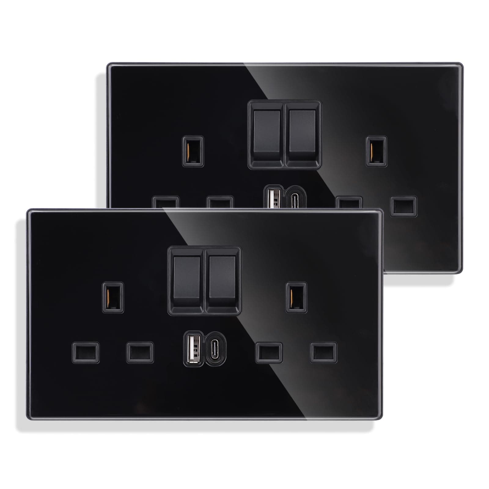 2 Pack Double Switched Socket 13 Amp with USB A and Type C Charging Ports Crystal Black Glass Panel Wall Outlet Electric Power Socket
