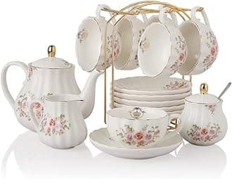 Porcelain Tea Sets British Royal Series, 8 OZ Cups & Saucer Service for 6, with Teapot Sugar Bowl Cream Pitcher Teaspoons and Tea Strainer, Suitable for High Tea, Wedding, Party（Rose Flower）