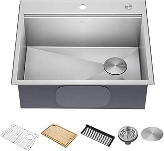 KRAUS KWT311-25 Kore Workstation 25-inch Drop-In 16 Gauge Single Bowl Stainless Steel Kitchen Sink with Integrated Ledge and Accessories (Pack of 5)