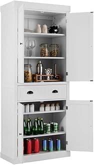 TANGZON Tall Kitchen Cupboard, 183cm 4-door Storage Cabinet with Drawer, Adjustable Shelves, Door Racks & Anti-tipping Device, Freestanding Wooden Sideboard Organiser (White, without Door Racks)