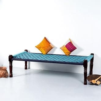 Solid Sheesham Wood Handmade Rajasthani Charpai | Cotton Rope Khatiya Charpai Single Bed Without Storage | Wooden Cot Bed | Khatiya-Khaat | 6x3 Feet | Light and Dark Blue Combination