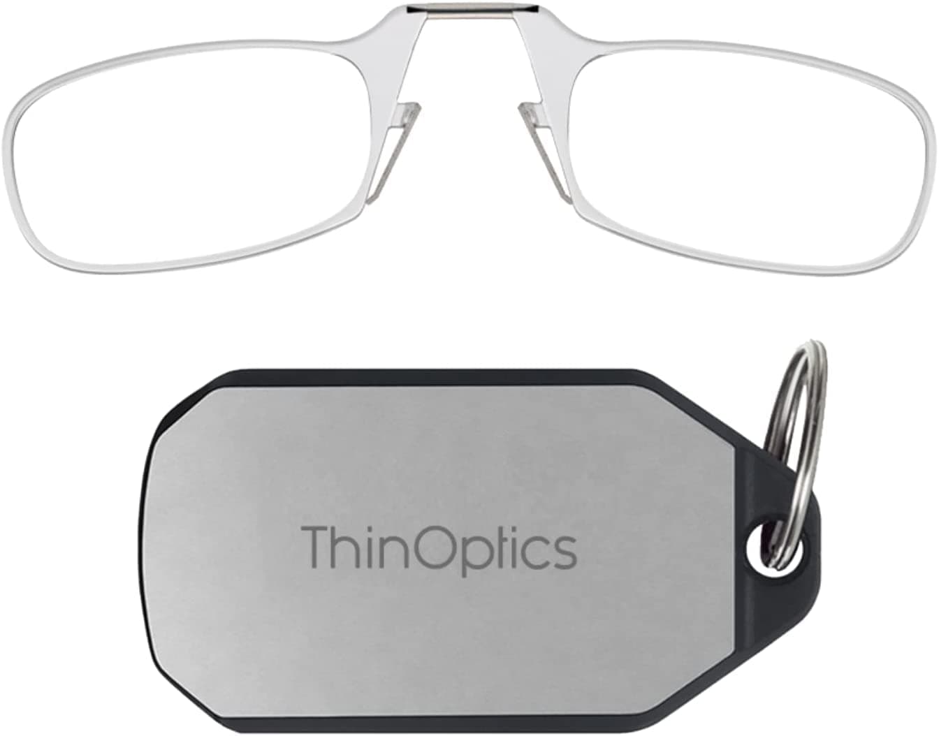 ThinOptics Keychain Case + Rectangular Reading Glasses, Clear Frames/Silver Case, 44 mm + 2