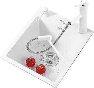 Square Single bowl Kitchen sinks SUS304 White Stainless steel Small Wet bar sink with Pull Faucets Undermount of Countertop installation（White sink:12.5x12.5IN）