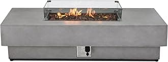 2 Pieces 60-Inch Outdoor Propane Fire Pit Table w/Wind Guard - 50,000 BTU, Concrete Rectangle Firepits | Integrated Ignition, Steel Lid, Lava Rocks & Rain Cover Included