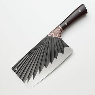 - Machado Professional Etched Pattern Traditional Bolster Stamped Double Bevel Cleaver Knife