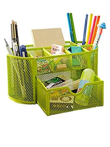 Space Saving Desk Tidy Multi-Functional Metal Wire Mesh 9 Compartment Office/School Supply Desktop Organizer Caddy W/Large Drawer (Green)
