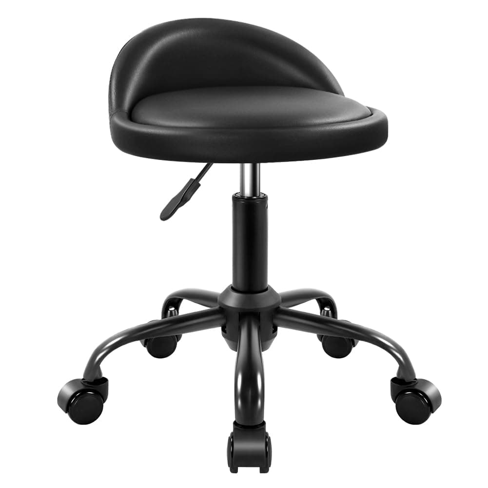 Rolling Stool with BackRest Height Adjustable Round Chair with Wheels Swivel Drafting Work PU Leather stools Small (Black)