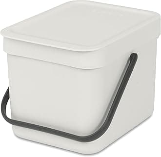 Brabantia Sort & Go Food Waste Bin 6L (Light Grey), Space-Efficient Plastic Recycle Bin with Handle, Removable and Stay-Open Lid, Easy to Clean Kitchen Compost Caddy without Nooks and Rims