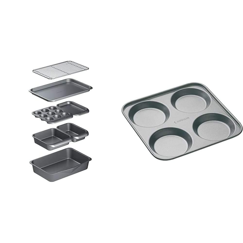 MasterClass Smart Space Stacking Non-Stick Bakeware Set, 7 Piece Baking Trays, Gift Boxed & 4 Hole Yorkshire Pudding Tray with PFOA Non Stick, Robust 1 mm Carbon Steel, 24 cm