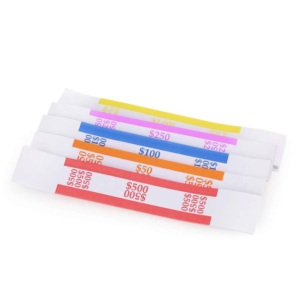 L LIKED Pack of 250 Currency Band Bundles Self Sealing Currency Straps Bands Money Bill Wrappers (50 of Each - 250 Assorted)