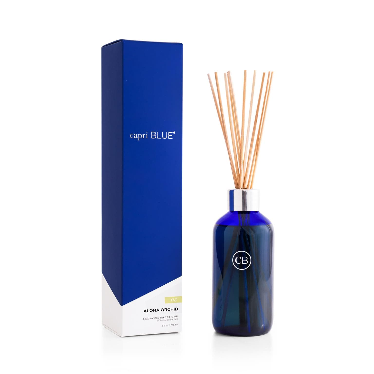 Capri Blue Aloha Orchid Reed Diffuser Set - Includes Reed Diffuser Sticks, Fragrance Oil, and Glass Bottle - Luxury Scented Room Fresheners - Cobalt Blue (8 fl oz)