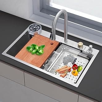 SeBURRY® Luxurious 30x18x9 Inch Anti Scratch Honeycomb Design | Integrated Waterfall and Pull-down Faucet | Stainless Steel 304 | Multifunction Sink | All in One Sink | Digital Sink - 1 Pack (SILVER)