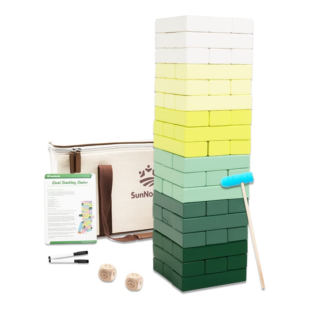 54 PCS Giant Tower Game (Stack to 4.2FT), Includes 1 x Wood Hammer, 2 x Dices, Giant Wooden Block Game with Scoreboard, Stacking Tumble Tower Game for Kids, Adults and Family