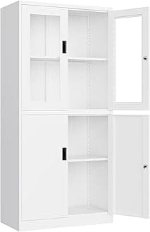 Yizosh Metal Storage Cabinet with Glass Doors - 71" Locking Display Cabinet with 2 Adjustable Shelves, 4-Tier Tall Steel Locker for Kitchen, Living Room, Dining Room (White)