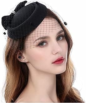 Women's Fascinator Hat Pillbox Hat Bowknot for Wedding Tea Party Hats Headband Headwear with Side Hair Clip and Mesh Veil (Black)