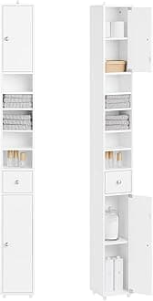 Haotian Bathroom Skinny Tall Storage Cabinet, Slim Stand Narrow Tower Cabinet with Adjustable Shelves for Small Spaces, White BZR167-GW