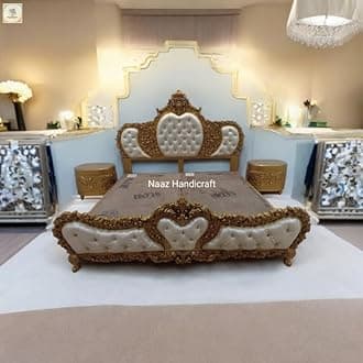 Queen Size Teak Wood Bed with 2 Matching Side Tables – Hand-Carved Design, Luxurious Upholstered Cushioning in White, White Wooden Panels (Golden)