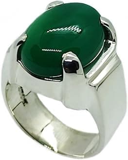 14 Carat Natural Yemeni Deep Green Aqeeq Mens Plain Elegant Ring Sterling Silver 925 Handmade Sabz Aqeeq Ring Gift for Him Agate Ring Religious Ring