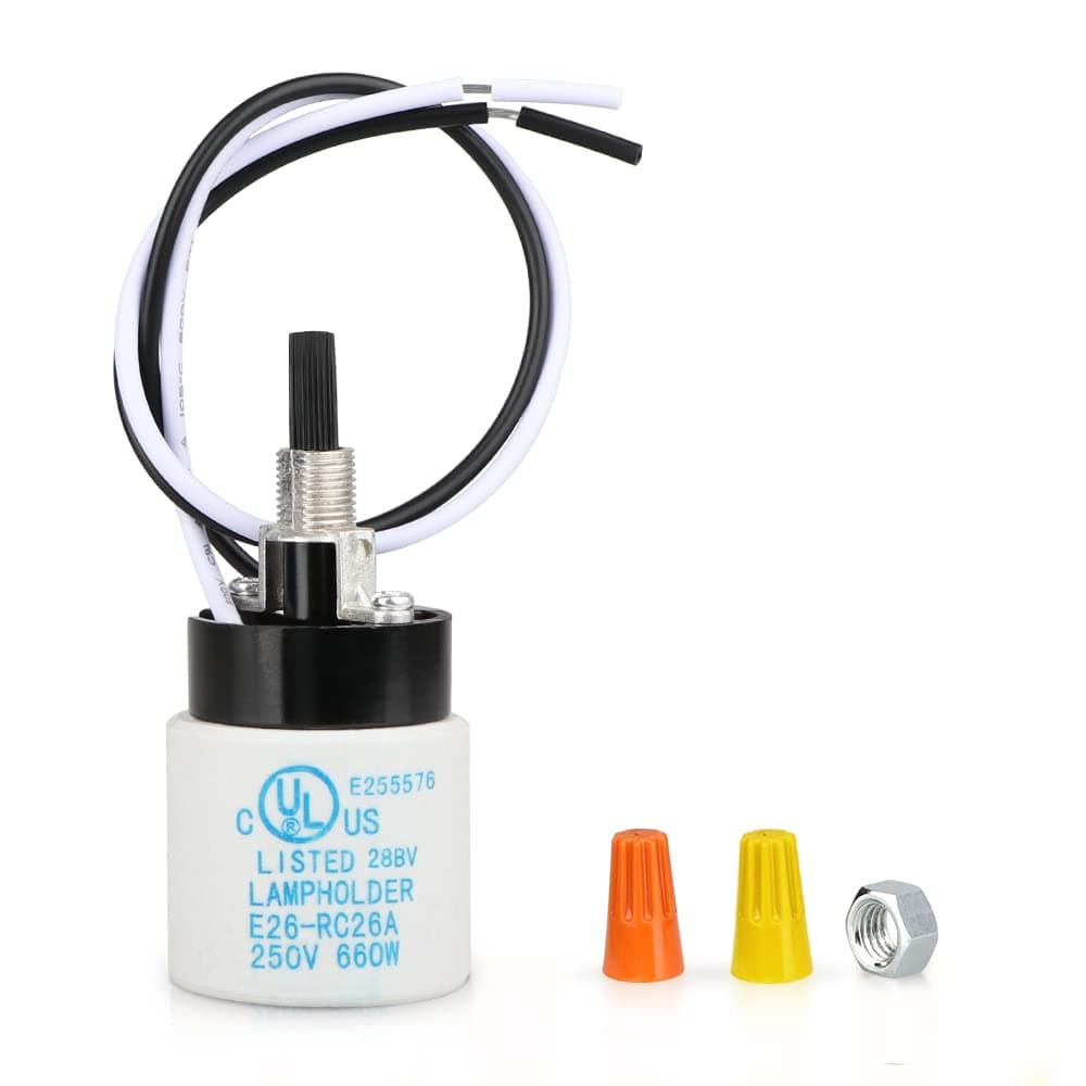 Helunsi E26 E27 Ceramic Lamp Socket with Rotary Knob Switch, Universal Replacement Porcelain ON OFF Turn Switch Light Bulb Socket, E26 Medium Base Lamp Holder with Threaded Nuts and Wire Lead - 1 Pack