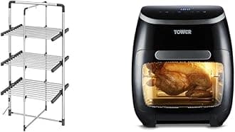 Black+Decker 63099 3-Tier Heated Clothes Airer Aluminium, Cool Grey, 140cm x 73cm x 68cm & Tower T17039 Xpress Pro 5-in-1 Digital Air Fryer Oven with Rapid Air Circulation, 60-Minute Timer