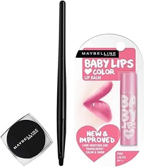 Maybelline New York Lasting Drama Gel Eyeliner,Blackest Black, 2.5G And New York Baby Lips Glossy Lip Balm, Pink Lolita, 4G