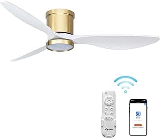 – Ovlaim 52 Inch Smart Solid Wood Flush Mount Ceiling Fans with Lights Remote Control, 3 Blade White Gold Modern Low Profile Ceiling Fan for Bedroom Living Room, Quiet DC Motor