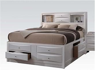 Contemporary Wood Storage Bed Frame Queen Size with 8 Storage Drawers, Bookcase Headboard for Master or Guest Room No Box Spring Required Easy Assembly (Queen Bed, White)