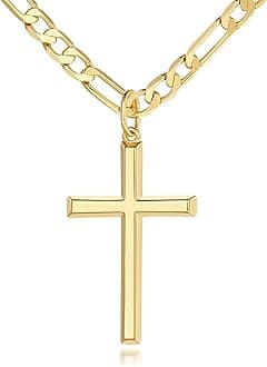 14K Gold Cross Necklace for Men Large Gold Cross Pendant Figaro Chain for Mens 14K Chain 5mm Masculine Appeal 20, 22, 24 INCH