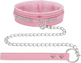 paloli Pink Choker Necklace for Women Leather Collar Fluffy Punk Leash Neck Choker Gothic Cosplay Sexy Jewelries