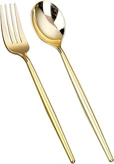 SUT 100PCS Gold Plastic Forks and Spoons Heavy Duty Set, 100 Count, Gold Disposable Flatware, 50 Forks, 50 Spoons for Party