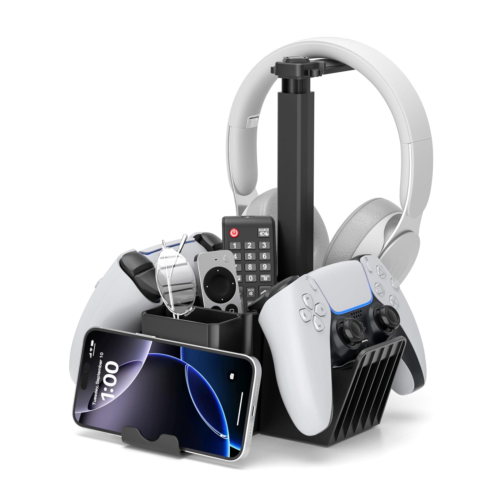 – KDD Dual Controller Holder with Headphone Stand - Multi-Functional Desk Storage Accessories Box with Phone Holder - Controller Headset Stand with Desktop Organizer for Remote Control Black