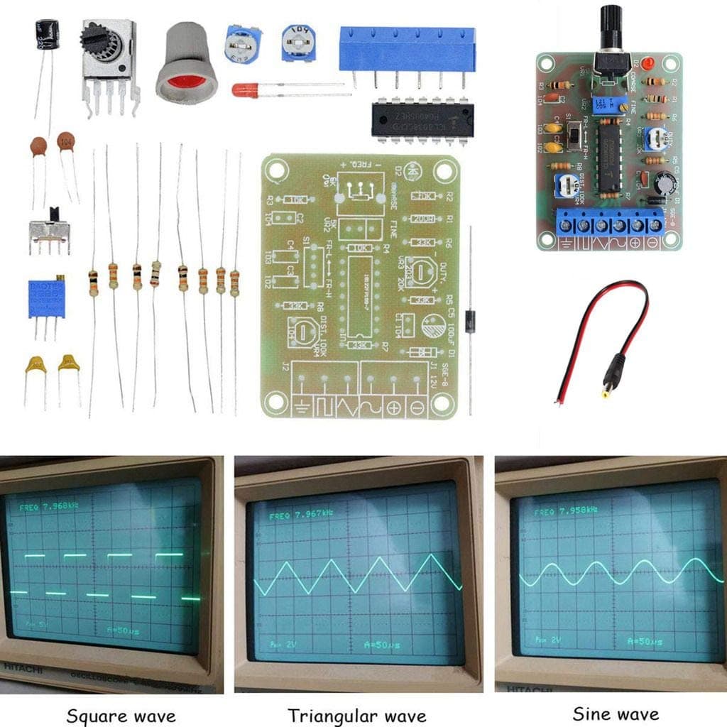 Signal Generator Module Monolithic Function Waveform ICL8038 DIY Kit Sine Triangle Square Wave Signal DC 12V Output 7KHz-50Hz Adjustable Frequency + 12V DC Power Male Jack Connector Cable