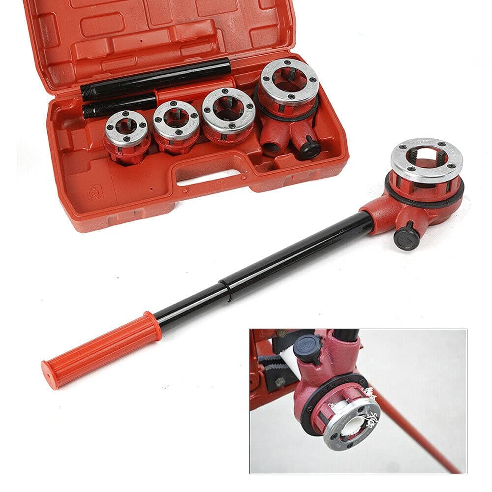 Pipe Threading Kit Manual Pipe Threading Set Manual Ratchet Threader Set Annular Screw Set Ratchet Threader Threading Dies 4 Dies 1/2",3/4",1",1-1/4" for Threading Black Gas and Galvanised Iron Pipes