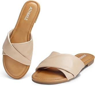 ATHMILE Sandals for Women 2026 Dressy Summer Flat Comfortable Fashion Beach Cute Ladies Slides Leather Casual Dress Women's Sandals Size 6-11
