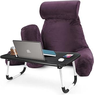 Nestl Reading Pillow with Portable Laptop Lap Desk - Shredded Memory Foam Back Support Pillow for Sitting Up in Bed and Couch Rest Pillows with Arms, Bed Tray Table with Foldable Legs, Purple